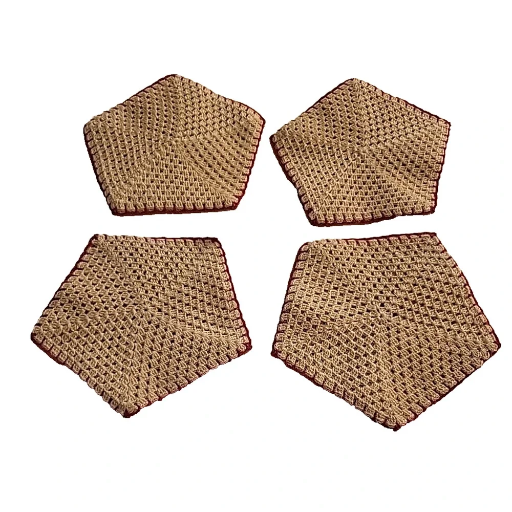 VTG LOT OF 4 HAND CROCHET RED & WHITE POTHOLDER POLYGON COTTAGECORE GRANNYCORE